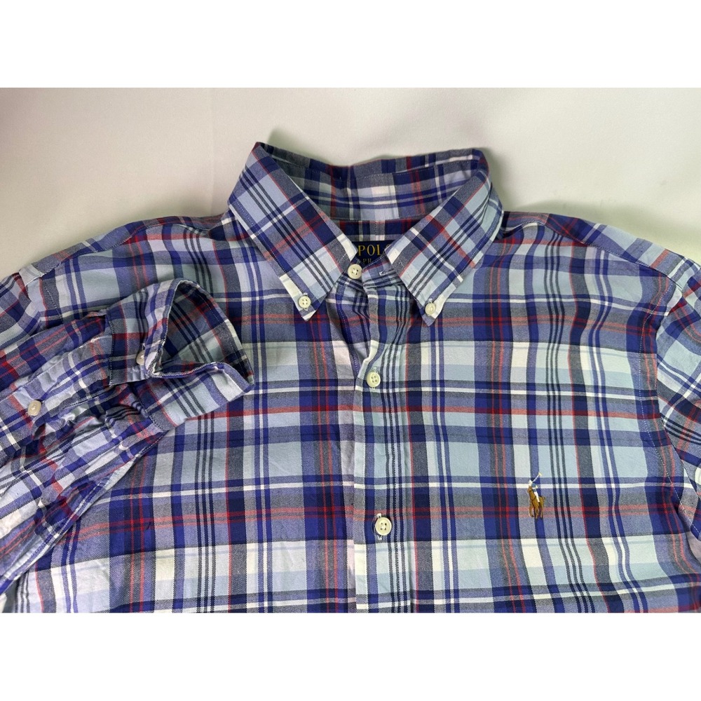 Polo Ralph Lauren Shirt Mens Large Plaid Classic Fit Button Down‎ Blue Nude Pony